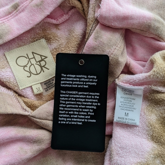 Chaser Hoodie Cashmere Blend Tie Dye Cropped Pullover Pink Olive M NWT - Picture 13 of 14